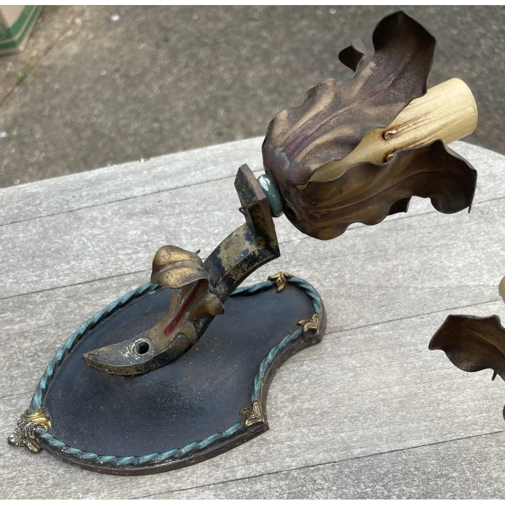 Antique Vintage Moe Bridges Milwaukee‎ Wis. Cast Iron Gothic Sconce Light Set 2